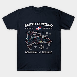 Dominican Republic Flag Travel Map Santo Domingo Coordinates Roads Rivers and Oceans White T-Shirt